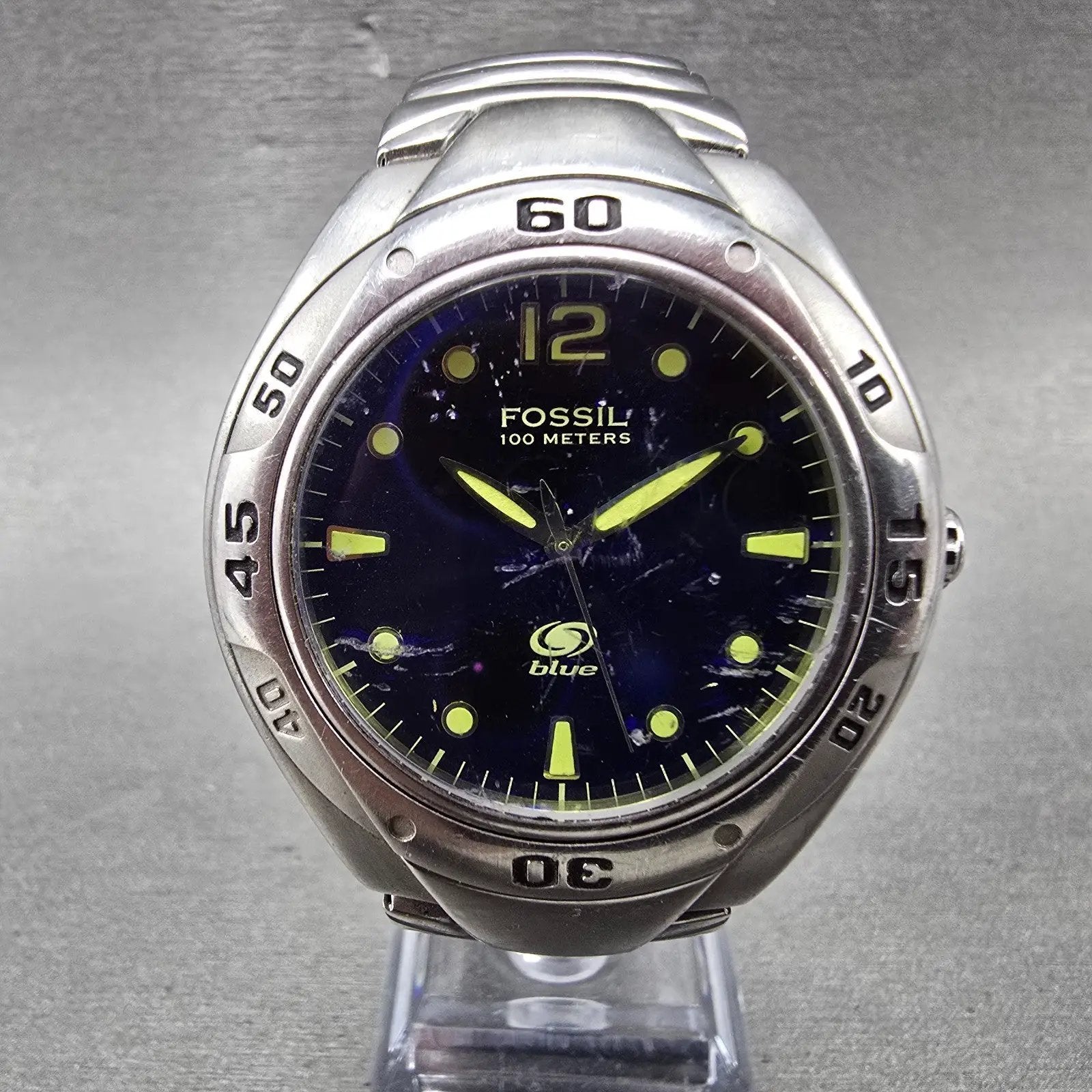 Fossil Blue Dive Watch Men 40mm Blue Dial Silver Tone Round AM-3395 New Battery0