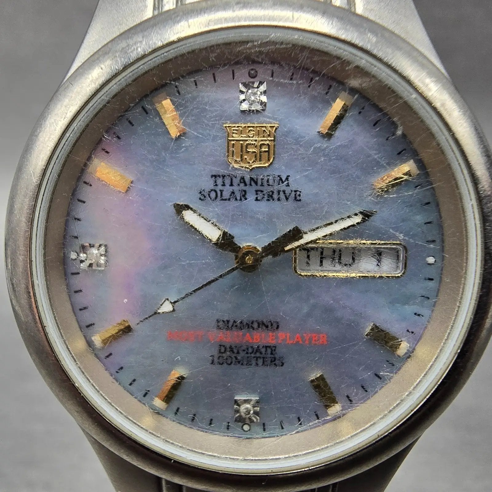 Elgin Solar Watch Men 36mm MOP Dial Titanium Daydate Round FK-1251 Runs1