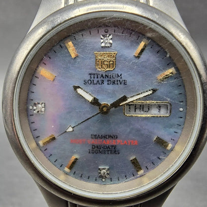 Elgin Solar Watch Men 36mm MOP Dial Titanium Daydate Round FK-1251 Runs1