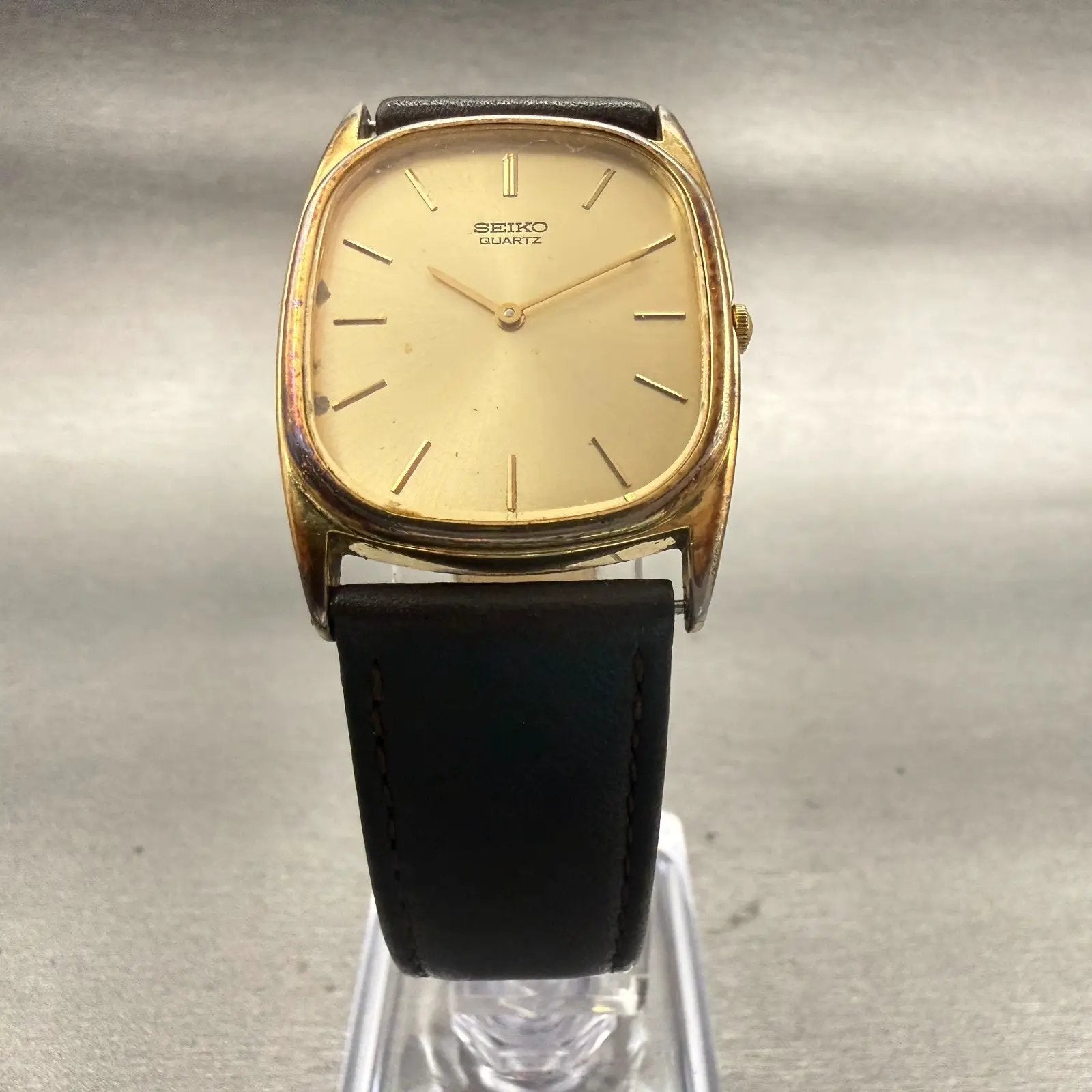 Seiko Watch Men 27mm Gold Dial Gold Tone Rectangle 7430-5319 New Battery VTG5