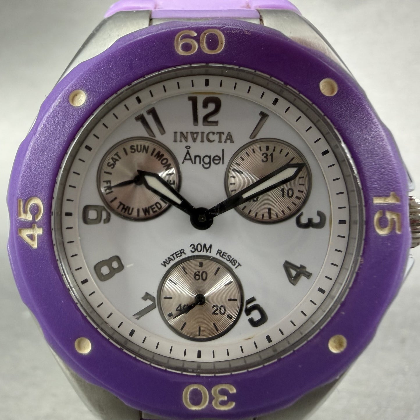 Invicta Angle Watch Women 38mm White Dial Steel Daydate Purple 0702 New battery1