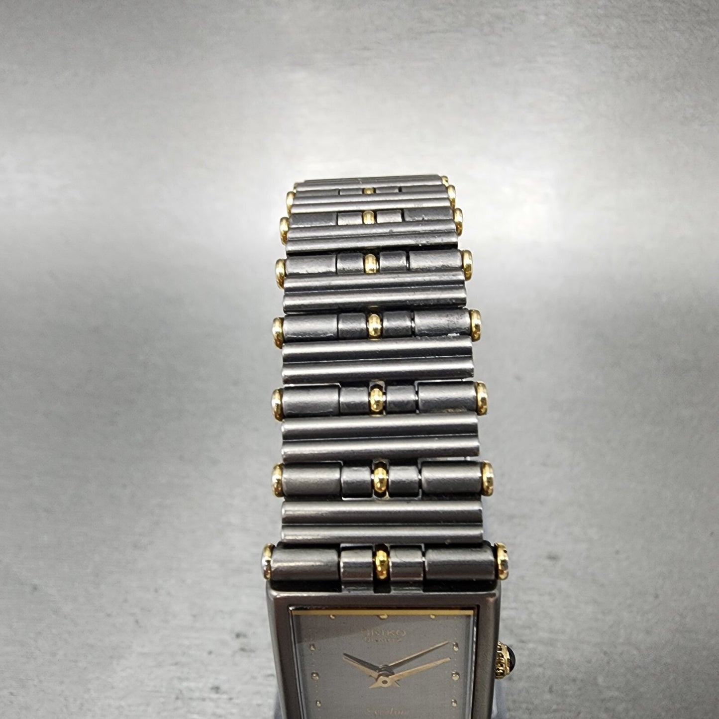 Seiko Exceline Tank Watch Women 18mm Gray Dial Two Tone Rectangle Titanium Runs4