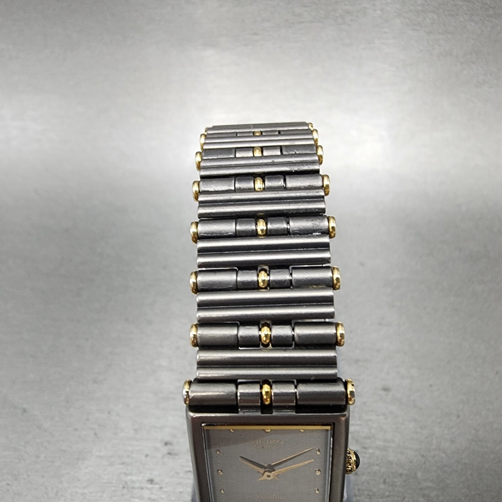 Seiko Exceline Tank Watch Women 18mm Gray Dial Two Tone Rectangle Titanium Runs4