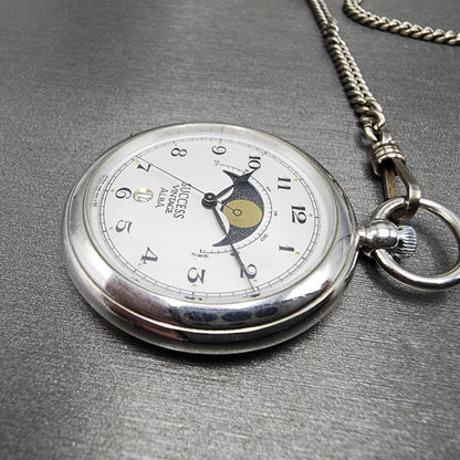 ALBA Success Pocket Watch Men 40mm White Dial Steel Moonphase Date New Battery