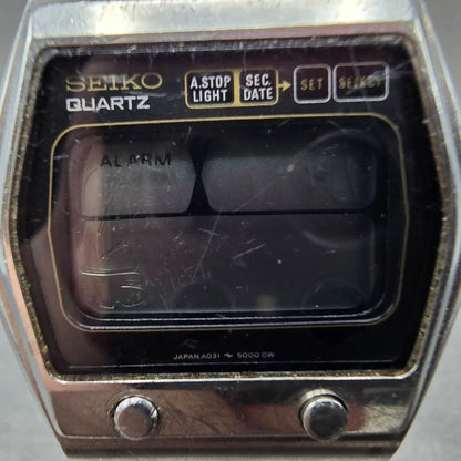 Seiko Digital Watch Men 37mm Silver Tone Alarm A031-5000 PARTS Vintage2