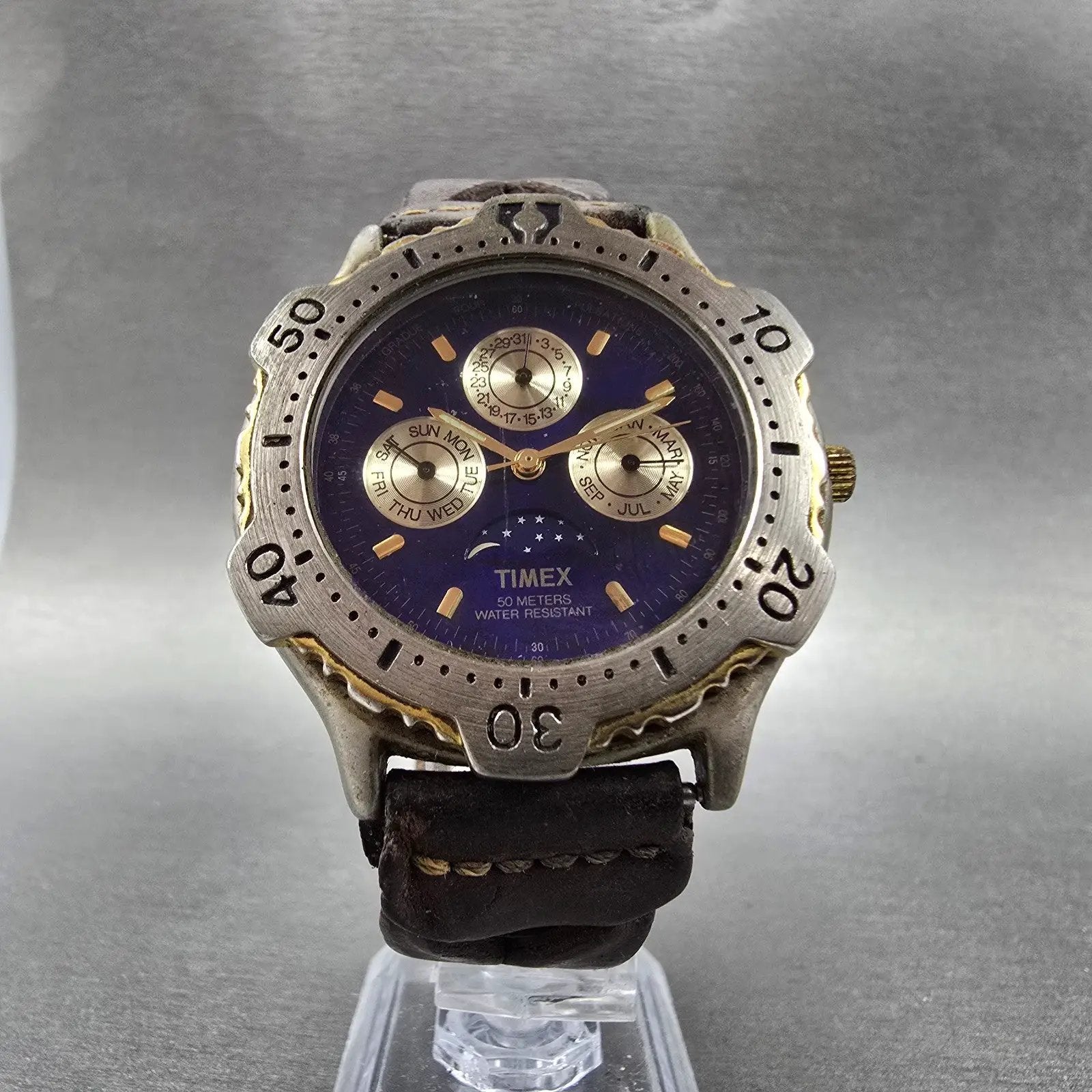 Timex Moon Phase Triple Calendar Watch Men 42mm Blue Dial Two Tone New Battery5