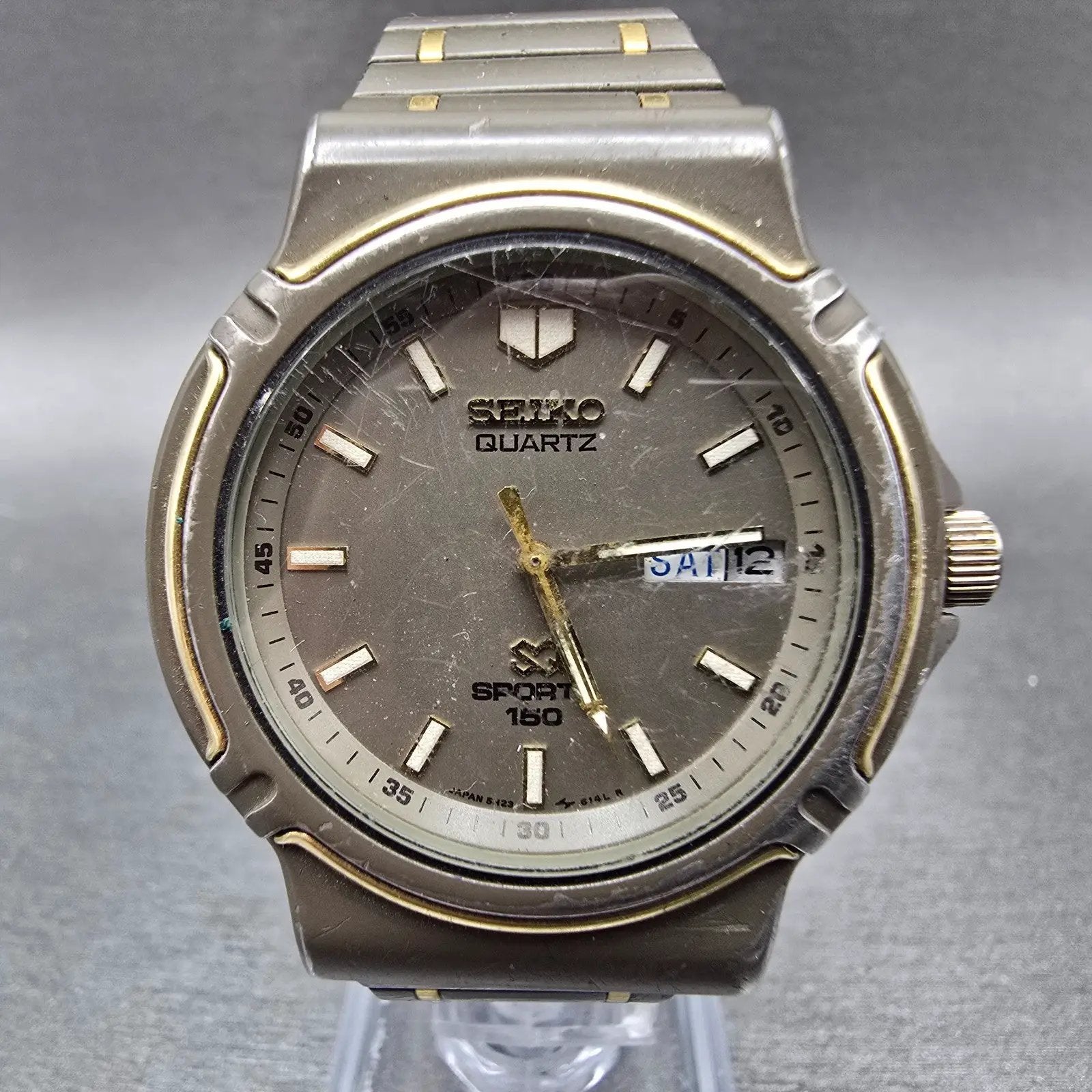 Seiko SQ Sports 150 Watch Men 36mm Gray Dial Two Tone Daydate 5H23-6219 PARTS HU0