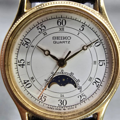 Seiko Moon Phase Watch Women 24mm White Dial Gold Tone 4K22-0050 New Battery VTG1