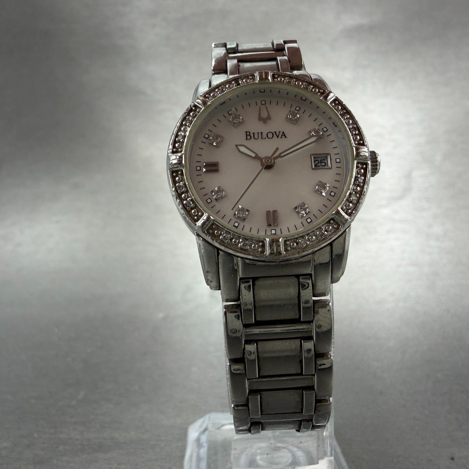 Bulova Watch Women 26mm MOP Dial Silver Tone Date Round 96R105 New Battery5