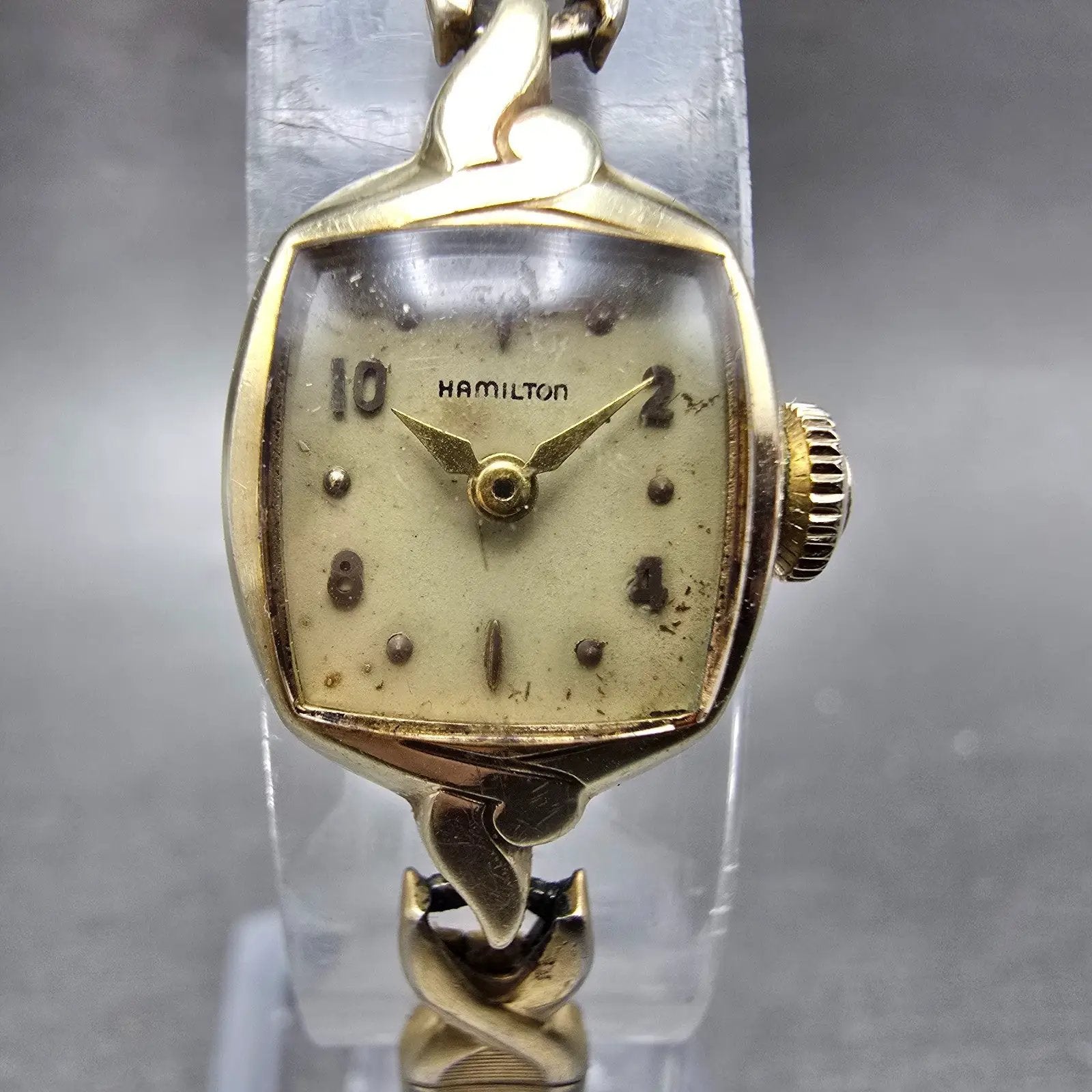 Hamilton Watch Women 14mm Cream Dial 14k Gold Rectangle Manual Wind Runs VTG0