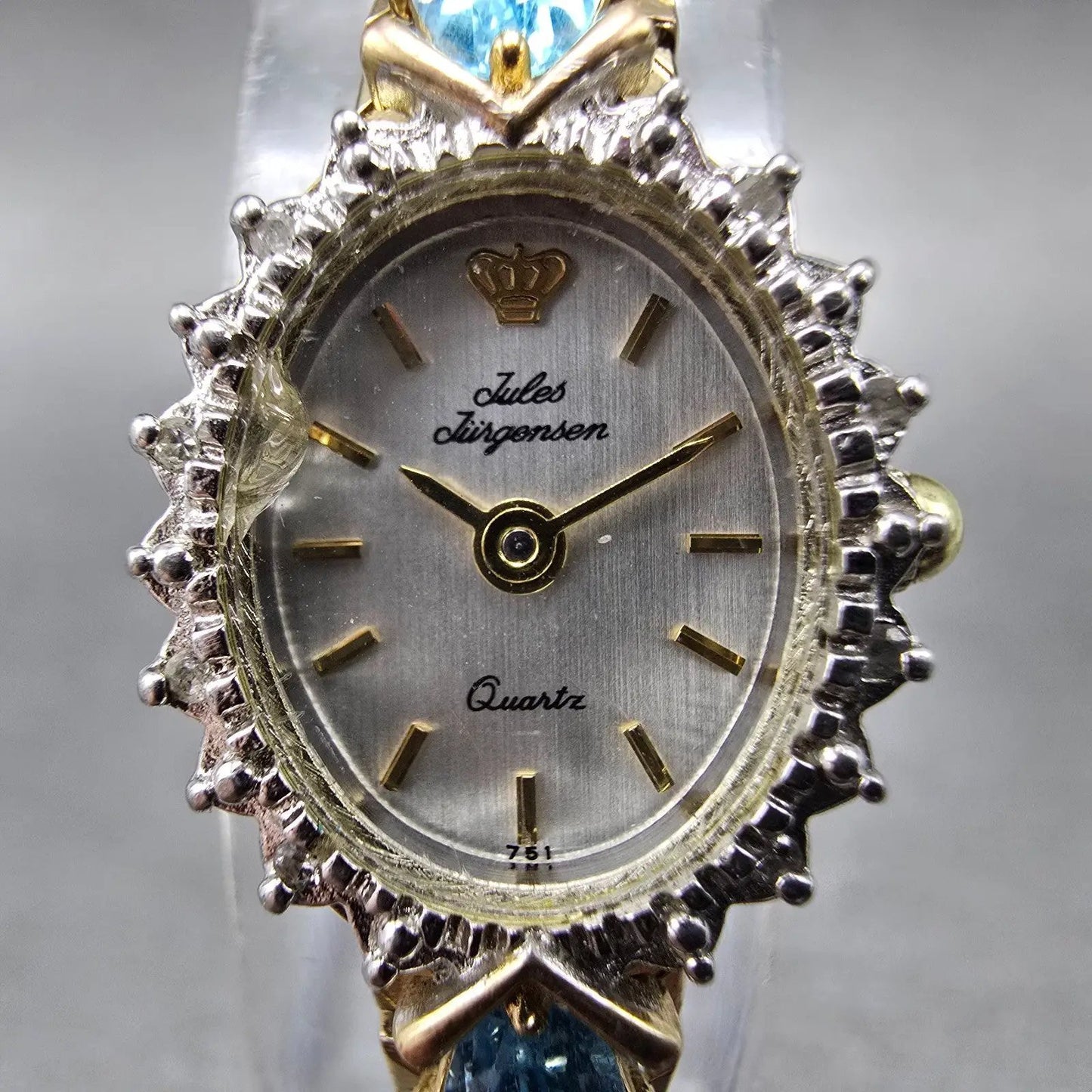 Jules Jurgensen Watch Women 15mm Silver Dial Gold Oval Blue Gems New Battery1