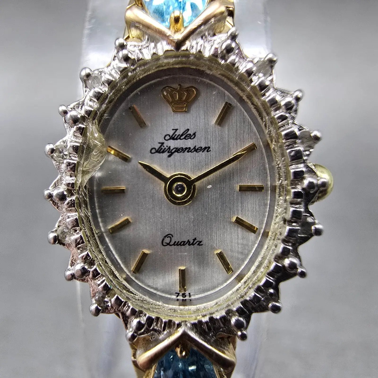 Jules Jurgensen Watch Women 15mm Silver Dial Gold Oval Blue Gems New Battery1