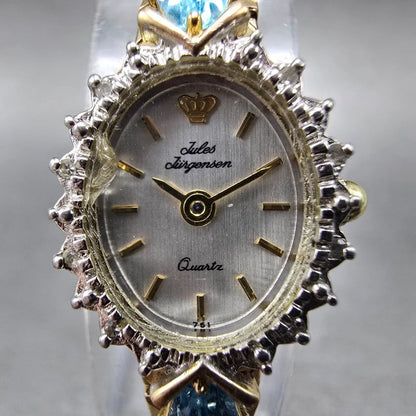 Jules Jurgensen Watch Women 15mm Silver Dial Gold Oval Blue Gems New Battery1