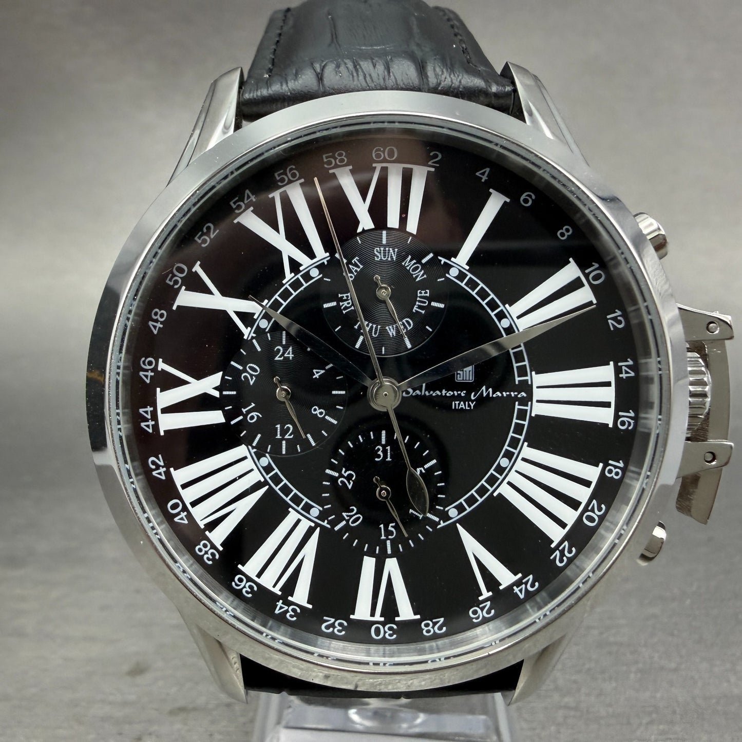 Salvatore Marra Chronograph Watch Men 48mm Black Dial Steel Date Round new batt1
