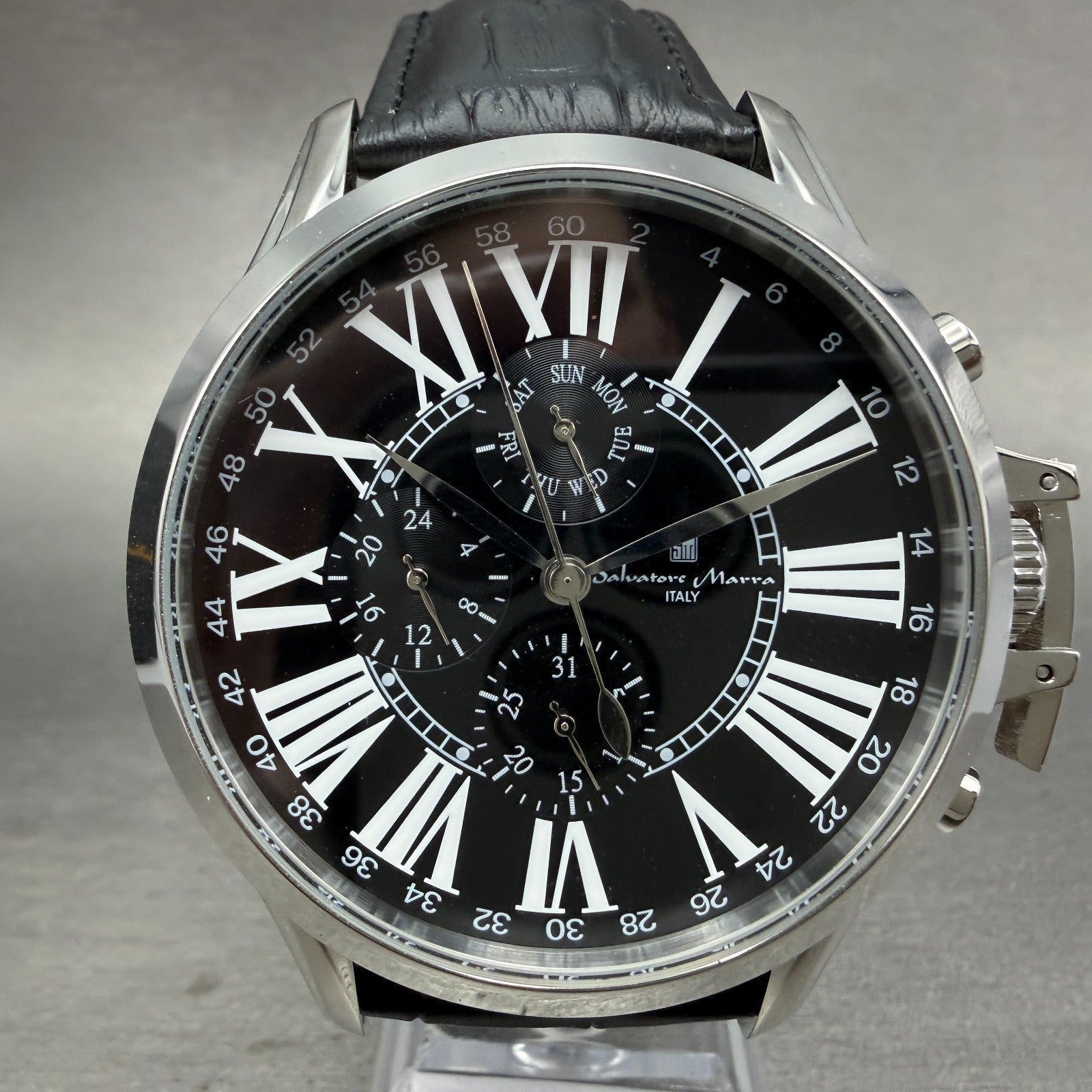 Salvatore Marra Chronograph Watch Men 48mm Black Dial Steel Date Round new batt1
