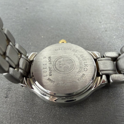 Seiko SQ 50 Watch Women 25mm White Dial Two Tone Date 7N820301 New Battery ABC9