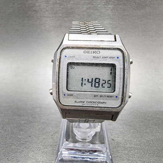Seiko Digital Watch Men 34mm LCD Silver Tone Steel Octagon READ!!!!!!! New Batt0