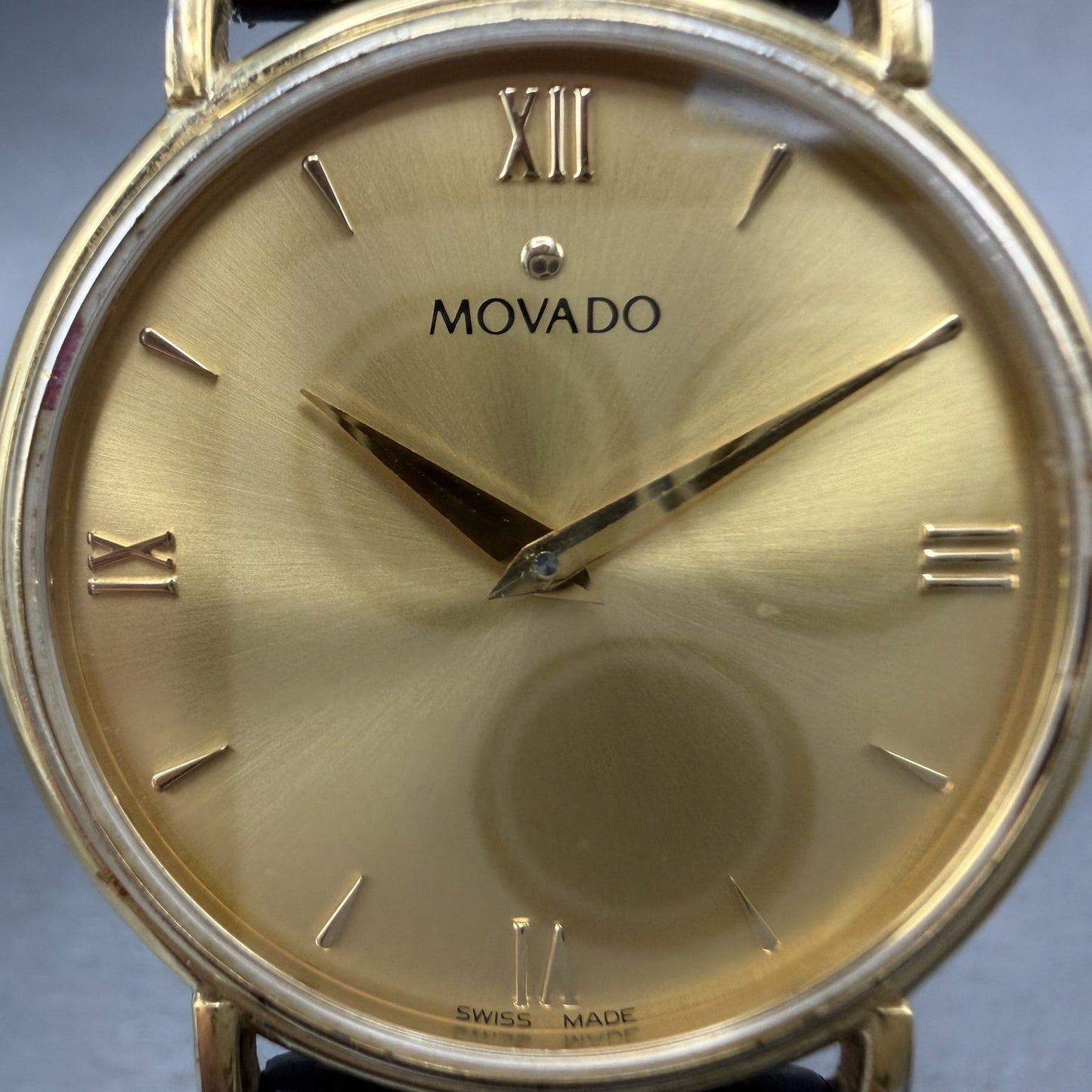 Movado Watch Men 34mm Gold Dial Gold Tone Round 87-E4-0885 Leather New BatteryAB1