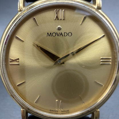 Movado Watch Men 34mm Gold Dial Gold Tone Round 87-E4-0885 Leather New BatteryAB1