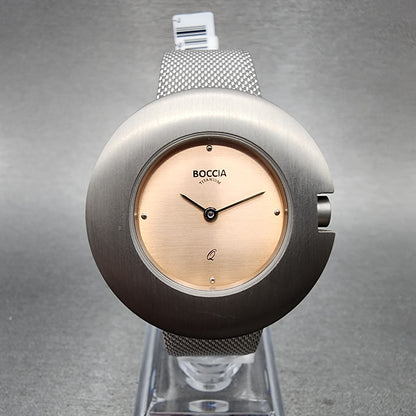 Boccia Titanium Watch Women 34mm Pink Dial Gray Case Round Mesh Band New Battery