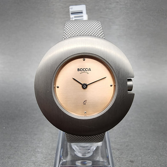 Boccia Titanium Watch Women 34mm Pink Dial Gray Case Round Mesh Band New Battery