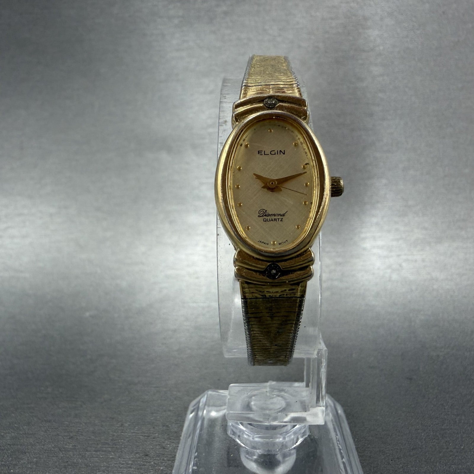 Elgin Watch Women 16mm Champagne Dial Gold Tone Oval Diamond Quartz New Battery5