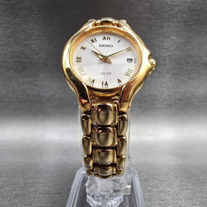 Seiko SQ Watch Women 25mm White Dial Gold Tone Date Round 7N82-0301 New Battery5