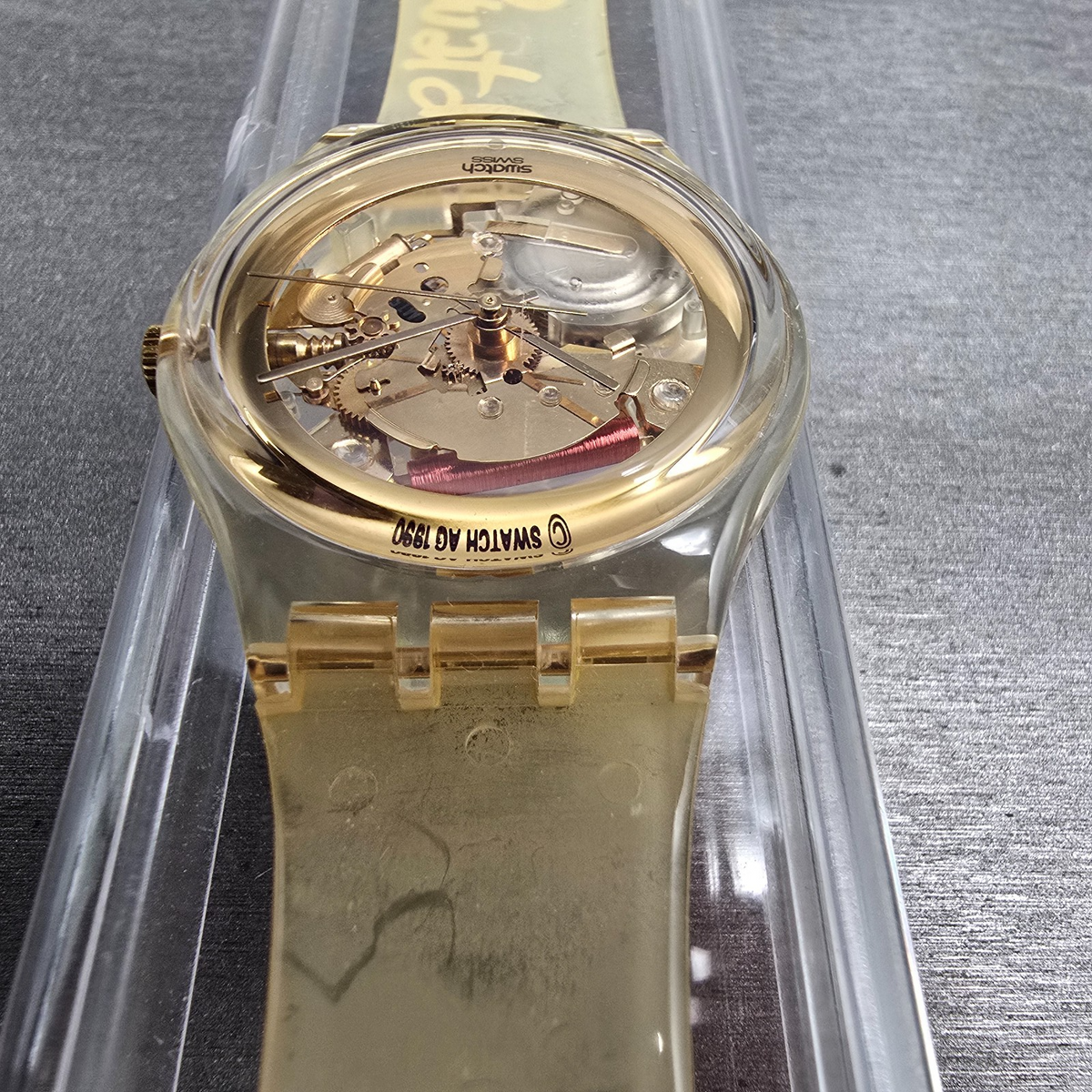 Swatch Golden Jelly Watch Men 34mm Skeleton Dial Clear Case GZ115 New Batt NOS7