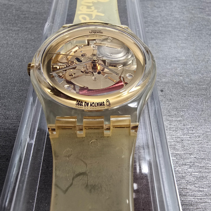Swatch Golden Jelly Watch Men 34mm Skeleton Dial Clear Case GZ115 New Batt NOS7