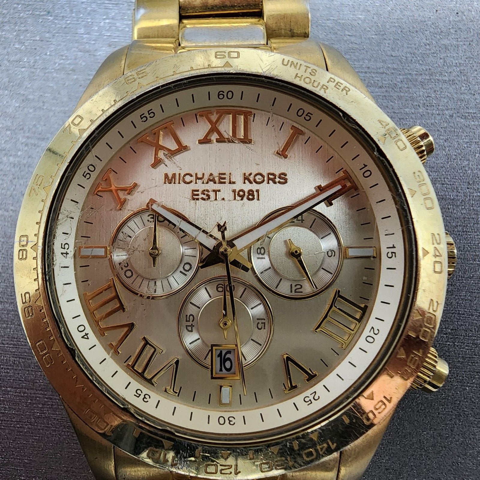 Michael Kors Layton Watch Men 44mm Champange Dial Gold Tone Date Round READ!!!!!1