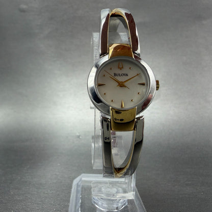 Bulova Watch Women 22mm MOP Dial Two Tone Round 98T80 Bangle New Battery ABCD1235