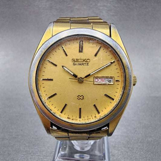 Seiko SQ Watch Men 37mm Gold Dial Gold Tone Daydate 5y23-8189 New Battery