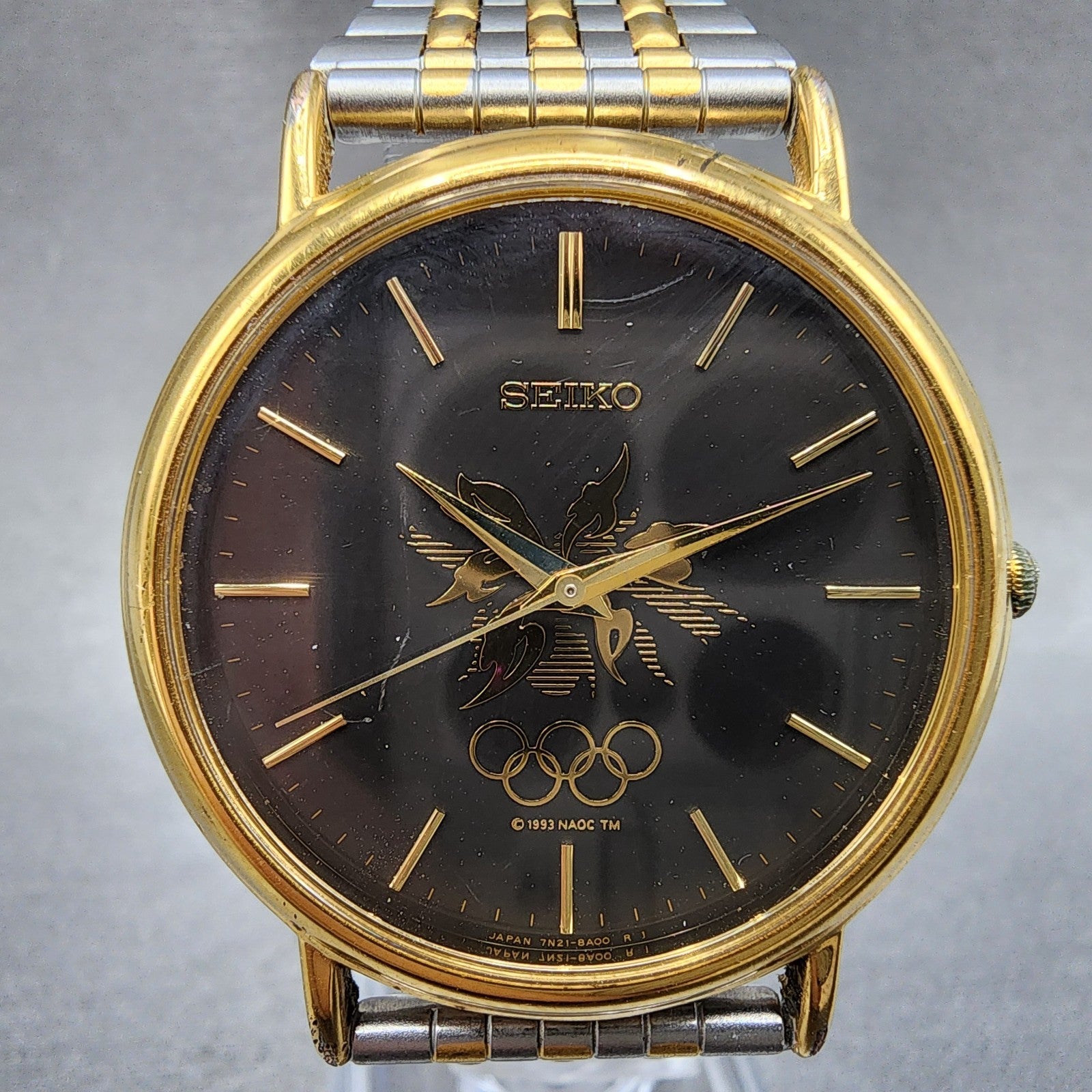Seiko Watch Men 34mm Black Dial Two Tone Olympic 7n218a00 New Battery1