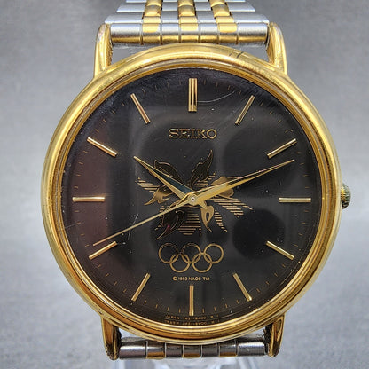 Seiko Watch Men 34mm Black Dial Two Tone Olympic 7n218a00 New Battery1