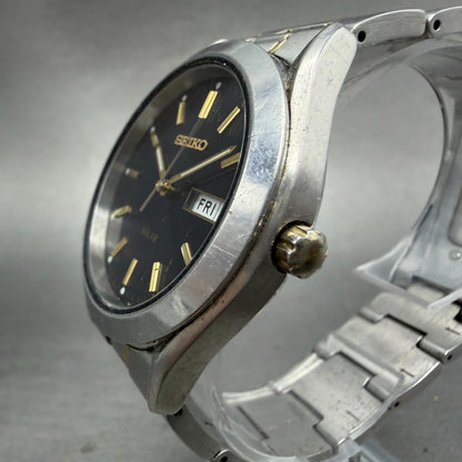 Seiko Solar Watch Men 37mm Black Dial Two Tone Daydate Round V158-0AB0 Runs2