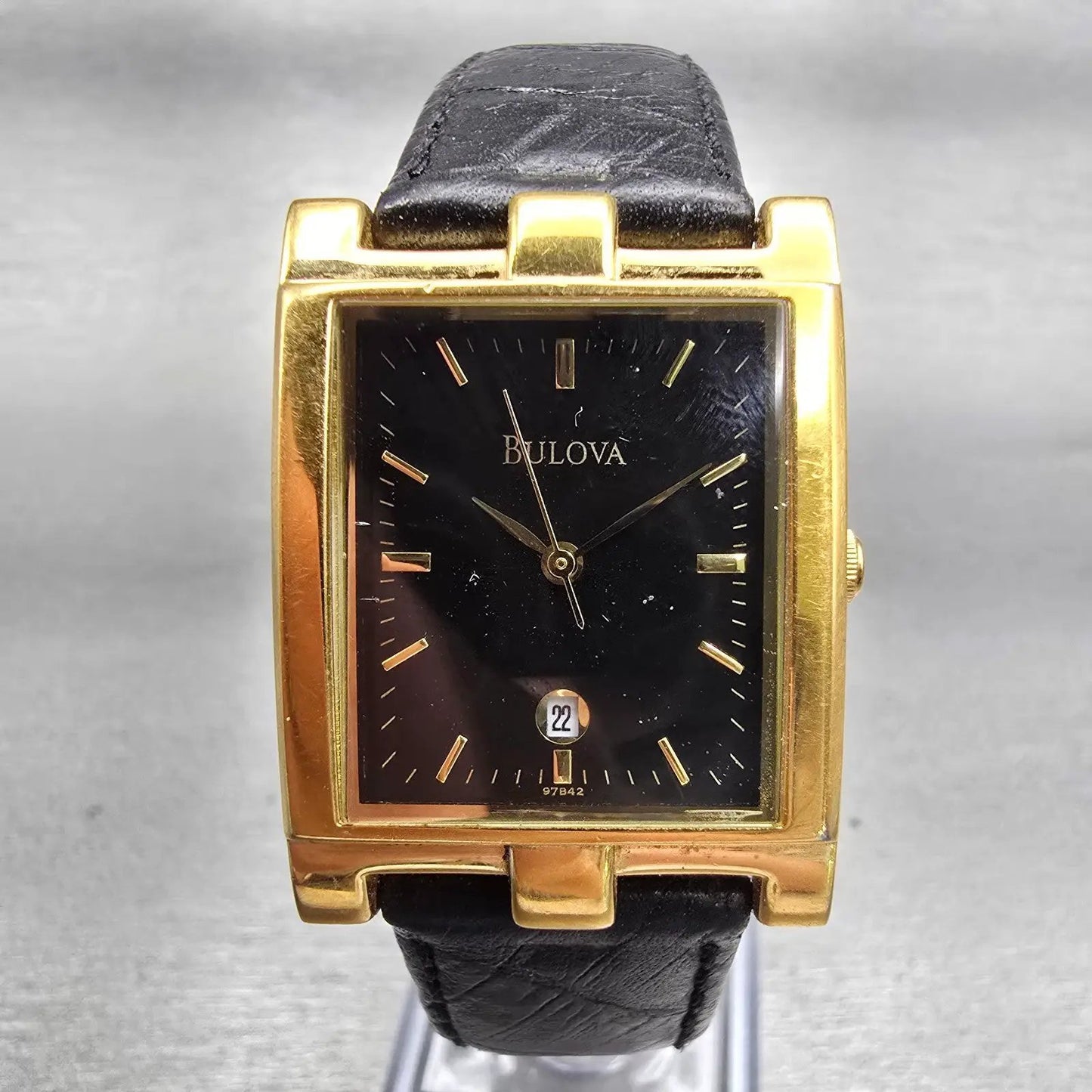 Bulova Watch Men 25mm Black Dial Gold Tone Date Rectangle New Battery 97B42 VTG0