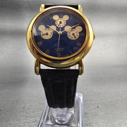 Lorus Mickey Mouse Watch Men 33mm Blue Dial Gold Sun Moon V33F-6C40 New Battery5