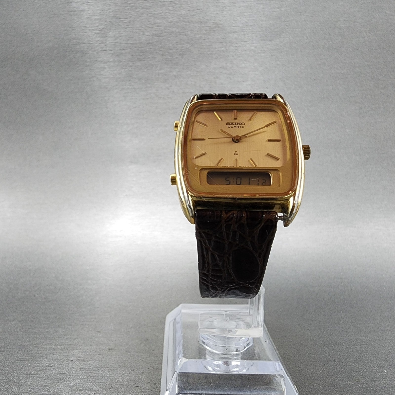 Seiko Analog Digital Watch Men 30mm Champagne Dial Gold Tone New Battery READ!!!5