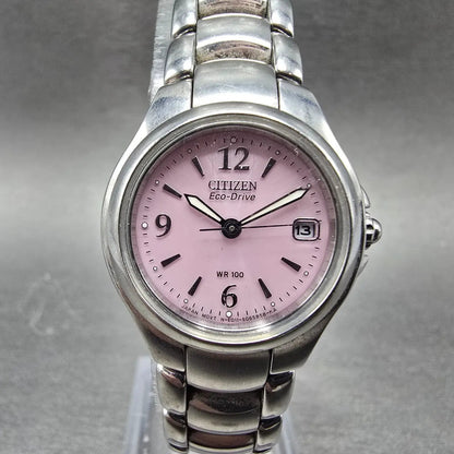 Citizen Eco-Drive Watch Women 26mm Pink Dial Silver Tone Date E011-S039941 Runs0