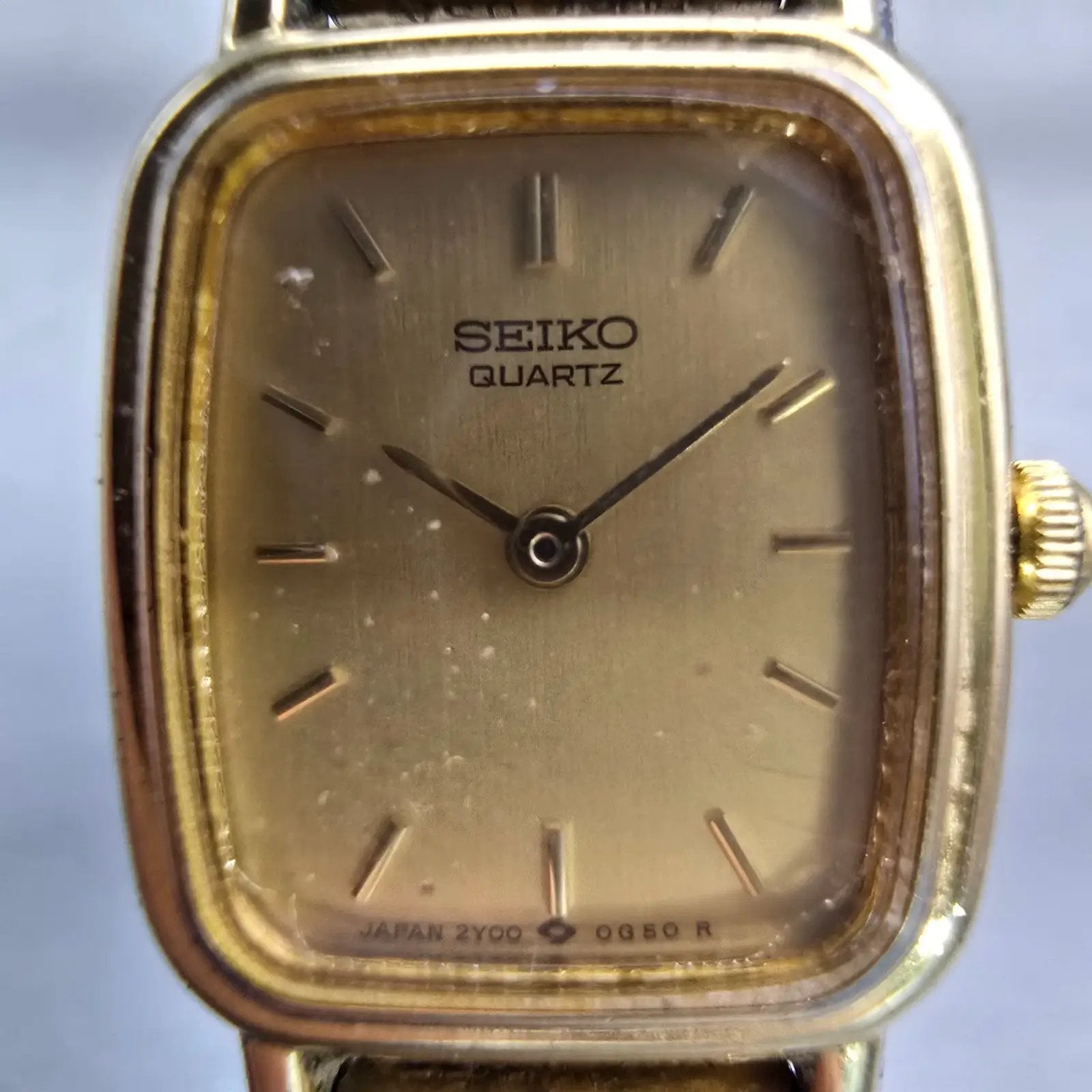 Seiko Watch Women 17mm Gold Dial Gold Tone Rectangle 2Y00-5B49 New Battery VTG F1