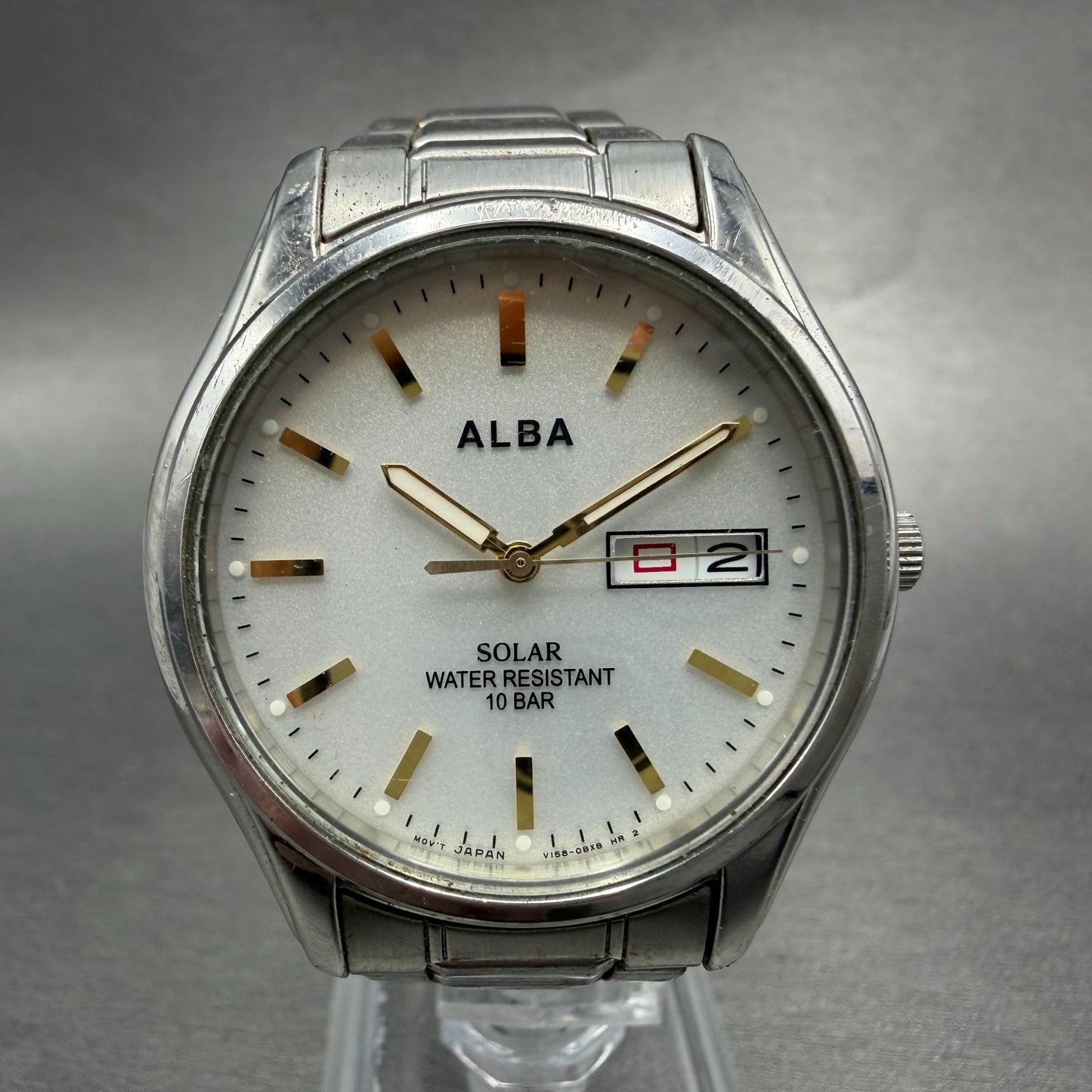 Seiko Alba Solar Watch Men 36mm Silver Dial Silver Tone Daydate V158-0AX0 Runs0