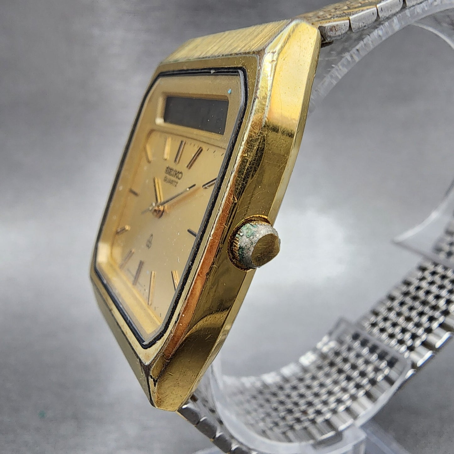 Seiko Analog Digital Watch Men 31mm Gold Dial Gold Tone Rectangle New battery