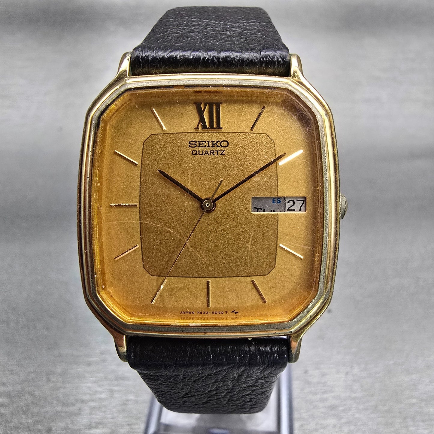 Seiko Watch Men 30mm Gold Dial Gold Tone Rectangle 7433-5009 READ!!! New Battery0
