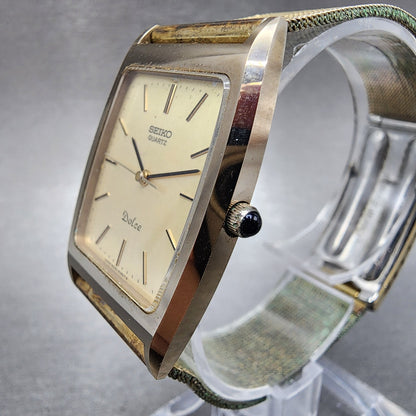 Seiko Dolce Tank Watch Men 28mm Champagne Dial Gold Tone 6030-5320 New Battery