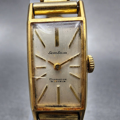 Seiko Solar Tank Watch Women 15mm White Dial Gold Tone Manual Wind 608 Runs1