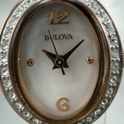Bulova Watch Women 17mm MOP Dial Rose Gold Oval 98L200 New Battery Gem Set1