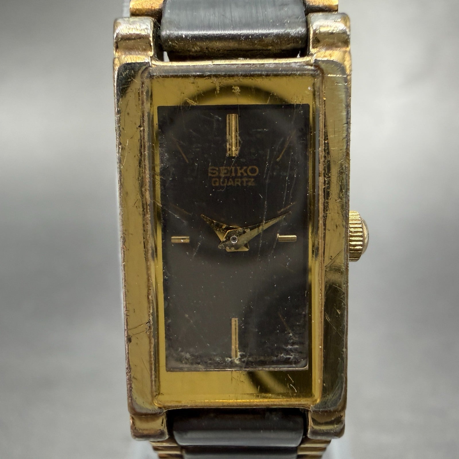 Seiko Tank Watch Women 13mm Black Dial Black & Gold Tone 1E20-551H New Battery 41