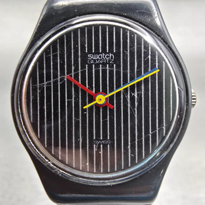 Swatch MISS PINSTRIPE Watch Women Black Dial Black Tone Round LA100 New Battery1