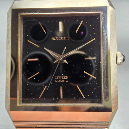 Citizen Exceed Watch Men 27mm Black Dial Gold Tone Rectangle 4-795725 New Batt1