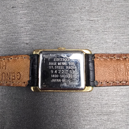 Seiko Tank Watch Women 18mm Gold Dial Gold Tone Rectangle 1400-5039 New Batt JP510